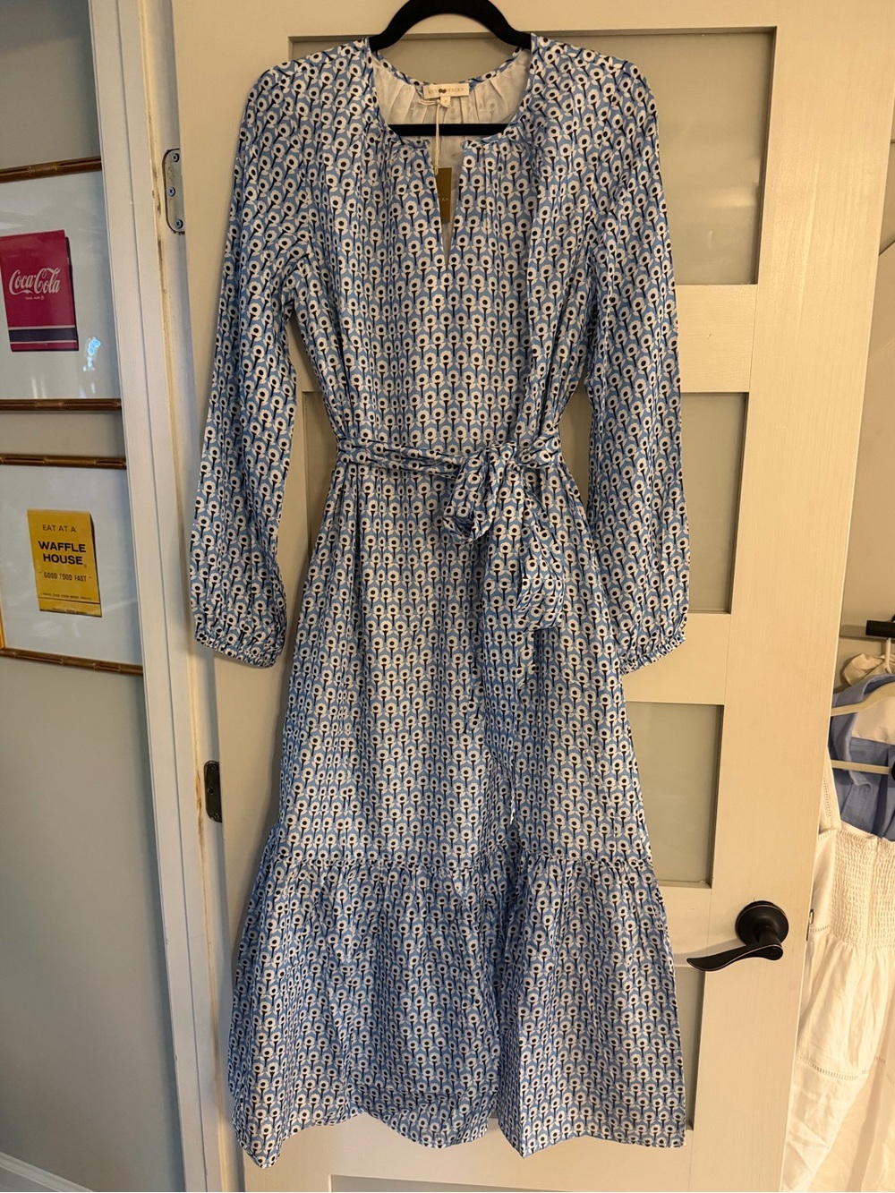 NEW ANN MASHBURN aba dress in blue/black art deco silk habotai